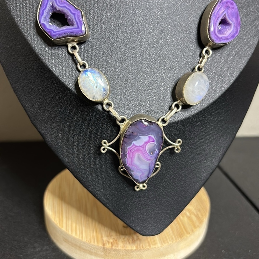 925 Lapis Purple Quartz Druzy Iolite Biwa Pearl Gemstone Silver Necklace​ - Picture 2 of 9